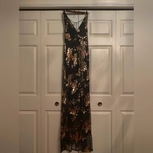 Black and Gold Floral Sequins Mesh Overlay Dress with Leg Slit